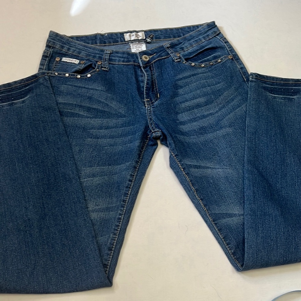 SAZA Jeans Women's Size 11 Straight Leg Rhinestone Embellished Flap Pocket Denim